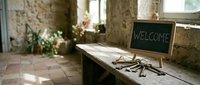 Rustic stone interior with a wooden table, vintage keys, and a chalkboard sign reading Welcome, evoking warmth and hospitality.