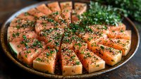 Fresh salmon sashimi slices arranged on wooden plate with sesame seeds and herbs garnish for Japanese cuisine restaurant menu and culinary presentation.