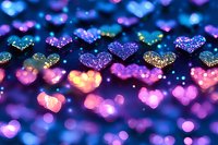 Glowing heart shaped bokeh lights in vibrant purple, pink and blue colors create magical romantic background with dreamy blurred effect. Perfect for Valentine designs.