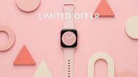 Smartwatch on pink background with geometric shapes and limited offer text, modern tech product promotion banner for retail and advertising.