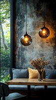 Modern restaurant interior with round glass pendant lamps casting warm glow against textured concrete wall, wooden table with dried flowers and comfortable seating.