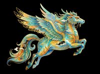 Ornate flying horse with wings in teal and gold tones, isolated on transparent background. Great for t-shirt design, stickers, clipart, sublimation, print on demand.