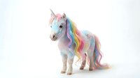 Adorable white unicorn toy with rainbow mane and tail isolated on white background for children's fantasy designs and magical themed projects.