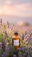 Amber glass bottle with cork stopper nestled among blooming lavender flowers at golden hour sunset for aromatherapy and natural wellness products.