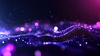 Abstract digital wave with glowing purple and blue particles, bokeh light effects on dark background creating futuristic technology visualization.