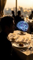 Man contemplating glowing brain hologram at fine dining restaurant table with gourmet meal and city lights background representing mindful eating concept.