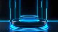 Futuristic circular podium with glowing blue neon lights against dark background creates dramatic display platform for product presentation and advertising.