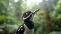 Close up portrait of male hairy woodpecker with distinctive black and white feathers and red patch on head against blurred green forest background.