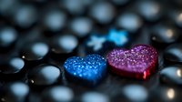 Sparkling heart shapes in vibrant blue and pink with glitter texture on dark background with bokeh circles create romantic mood for Valentine designs and love concepts.