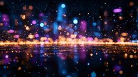 Magical night cityscape with colorful bokeh lights reflecting on water surface, creating dreamy atmosphere with blue and purple glowing orbs and sparkles.