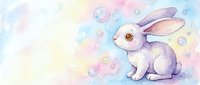 Adorable purple watercolor bunny rabbit sitting with soap bubbles floating around on soft pastel background for children's designs and Easter projects.