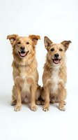 Two happy mixed breed dogs sitting together on white background, golden brown fur, tongues out, friendly expressions for pet care advertising.