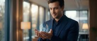 Professional businessman in dark suit holding glowing holographic family figures in modern office environment representing insurance protection concepts.
