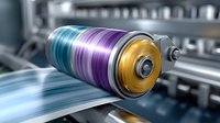 Colorful metallic battery cell with glowing sections in blue, purple, and gold showing innovative energy storage technology against industrial background.