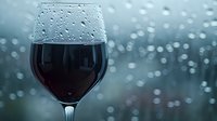 Red wine glass with water droplets on rainy window background, moody atmospheric composition creating depth and bokeh effect for restaurant and beverage marketing.