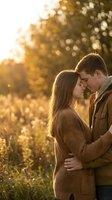 Young couple embracing intimately during golden hour sunset in autumn park with warm bokeh light creating romantic atmosphere for love and relationship concepts.