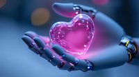 Robotic hand holding glowing pink heart-shaped hologram against dark background with bokeh lights, depicting future of artificial intelligence and emotion.
