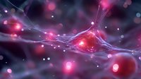 Glowing neural network with synaptic connections in purple and red tones showing electrical impulses and neurotransmitter activity in brain cells.