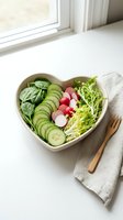 Fresh vegetable salad bowl with cucumber slices, radishes, spinach and mixed greens arranged in heart-shaped ceramic dish for healthy eating and nutrition.