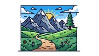 Mountain landscape with winding path through green meadows, snow-capped peaks, pine trees and sunny sky for outdoor adventure and nature tourism designs.