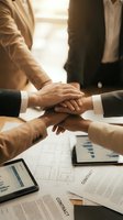 Business team stacking hands together over documents and tablet showing unity, teamwork and collaboration in corporate meeting environment.