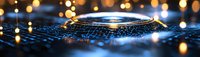 Futuristic technology concept with glowing circular platform and network connections on dark surface with bokeh light effects in blue and gold tones.