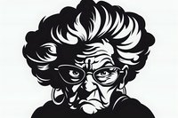 Grumpy elderly woman with cat eye glasses and curly hair portrait in dramatic black and white silhouette style. Expressive character design for logos and prints.