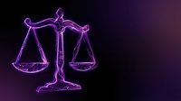 Purple neon glowing scales of justice symbol on dark gradient background for legal services, law firm branding and judicial system concepts.