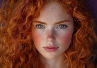 Young woman with vibrant curly red hair, freckled face, and striking blue eyes gazing directly at camera against dark background.