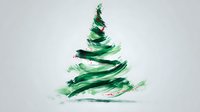 Abstract Christmas tree created with dynamic green brushstrokes and subtle red accents on light background, conveying festive holiday spirit.