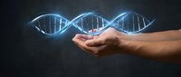 Human hands holding glowing DNA double helix structure with blue light effects on dark background for genetic research and biotechnology concepts.