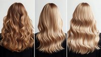 Long wavy blonde hair in three variations showing different shades from caramel brown to light blonde, styled with soft waves and natural movement, back view.