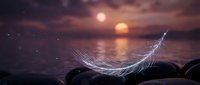 Ethereal feather floating above rocky shore at sunset with dual suns and starry sky creating mystical fantasy seascape for meditation and spiritual content.