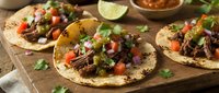 Shredded beef tacos with fresh cilantro, diced tomatoes, and lime wedges served on a wooden board for Mexican cuisine dining and food styling.
