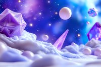 Mystical cosmic landscape with purple crystal formations and geometric shapes floating above clouds in dreamy blue and violet space atmosphere.