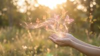 Female hand releasing glowing magical particles and sparkles into nature at sunset, symbolizing freedom, spirituality, and positive energy for wellness and mindfulness concepts.