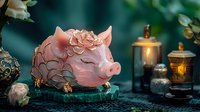 Pink ceramic pig money bank decorated with gold floral patterns rests on green marble surface amid glowing candles and ornate decorative elements in moody lighting.