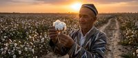 Elderly farmer examining cotton boll in vast field during golden sunset harvest time in rural agricultural landscape.
