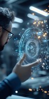 Middle Eastern businessman with glasses examining futuristic holographic interface with glowing data visualization in dark office environment.