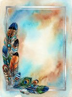 Watercolor feathers with ornamental patterns arranged on left and bottom borders, framing blank cream center space with soft blue, orange, and rust washes. Suitable for greeting cards, invitations, and stationery design templates.