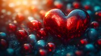 Red heart-shaped object surrounded by colorful spheres with warm bokeh lighting effects creating romantic atmosphere for Valentine's Day designs.