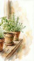 Watercolor herb garden with potted basil, rosemary and thyme plants on wooden shelf against warm beige background for kitchen decor and culinary themes.