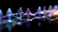 Two wireframe human figures connected by glowing network lines representing digital communication, artificial intelligence and human connection in cyberspace.