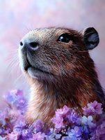 Close-up portrait of brown capybara surrounded by pink and purple spring flowers against soft blurred background, showing detailed fur texture and gentle expression.