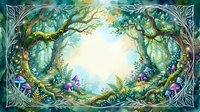 Enchanted forest frame with twisted branches, purple flowers and magical light creating mystical woodland border for fairy tale designs and fantasy art.