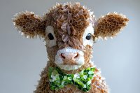 Adorable brown paper art cow sculpture with green bow tie and expressive eyes against neutral background, showcasing detailed handcrafted quilling technique.