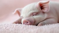 Adorable sleeping baby pig on soft pink blanket, close-up view showing peaceful expression and delicate features. Perfect for animal care and veterinary concepts.