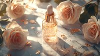 Luxurious serum dropper bottle with pink roses and gold flakes in warm sunlight. Natural cosmetic skincare product photography with soft shadows and glow.
