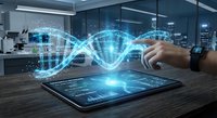 Digital DNA helix emerging from tablet screen with hand interaction in modern laboratory setting representing genetic research and biotechnology innovation.