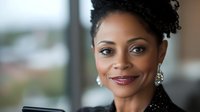 Professional African American businesswoman with natural curly hair and elegant earrings smiling confidently in modern office environment for corporate success.